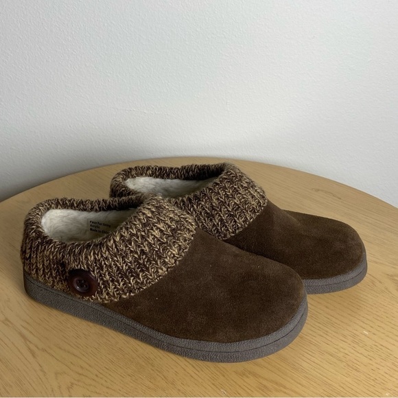 Clarks Shoes - Clarks Leather Clog Slipper Shoe Knit Collar Faux Fur Lined Brown Womens Size 7